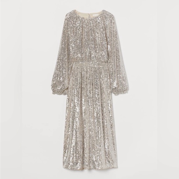 H&M Light Beige/ Silver Sequined Cut Out Back Midi Dress NWOT - Picture 3 of 13